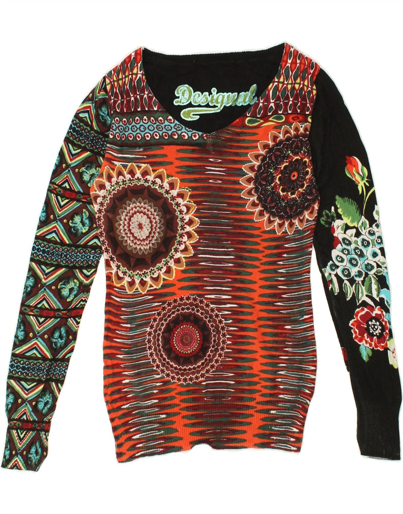 DESIGUAL Womens Graphic V-Neck Jumper Sweater UK 8 Small Multicoloured | Vintage Desigual | Thrift | Second-Hand Desigual | Used Clothing | Messina Hembry 