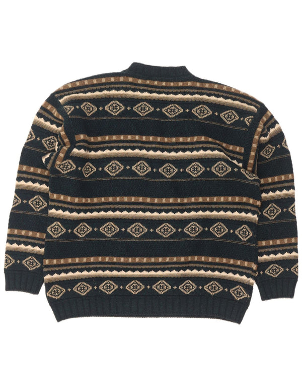 Vintage Mens Crew Neck Jumper Sweater XL Green Geometric Lambswool