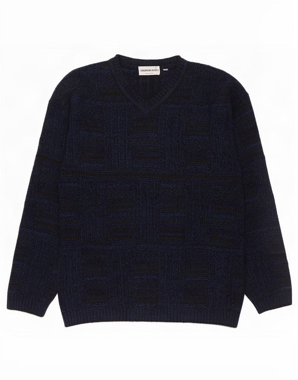 Enara Maglie Mens V-Neck Jumper Sweater Large Navy Blue Check Acrylic