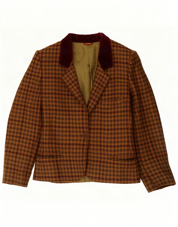 Vintage Womens 1 Button Blazer Jacket UK 14 Large Brown Houndstooth Wool