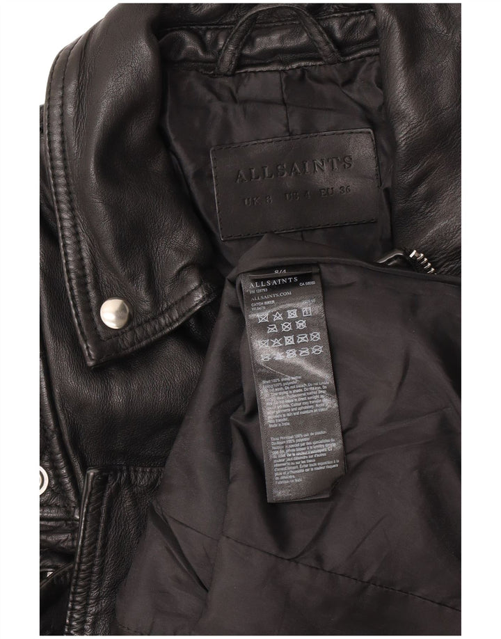 All Saints Womens Crop Leather Biker Jacket UK 8 Small Black