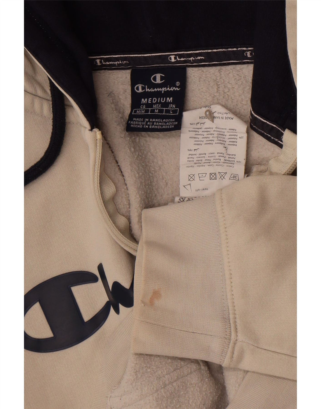 Champion Mens Graphic Zip Hoodie Sweater Medium Off White Cotton