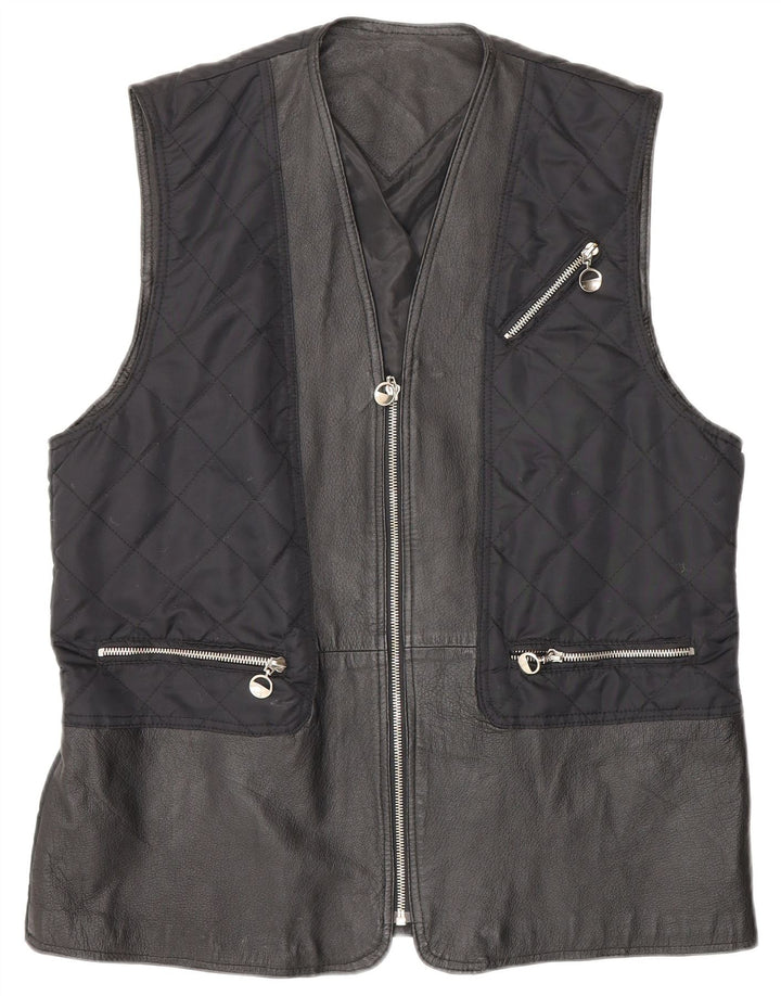 Vintage Womens Quilted Leather Gilet UK 12/14 Medium Navy Blue