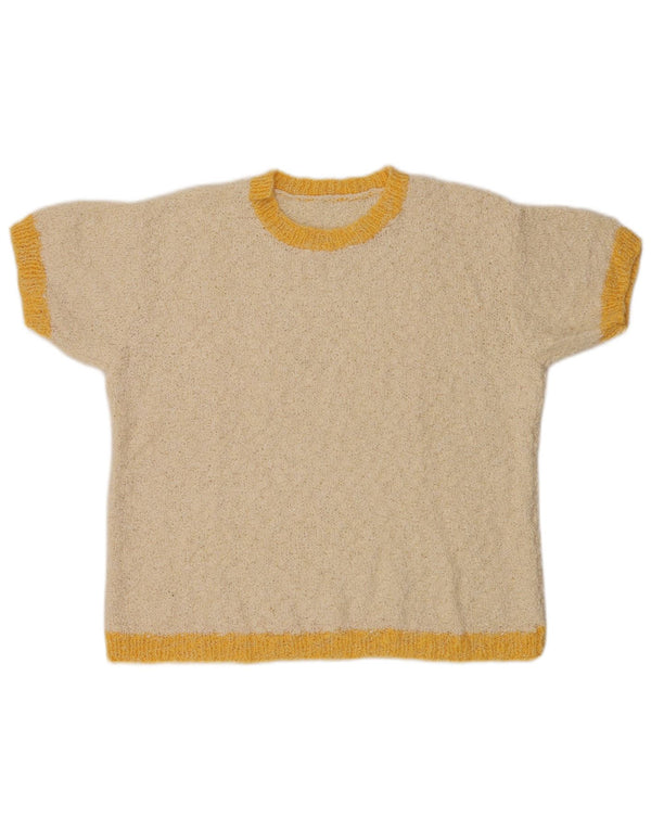 Vintage Womens Crew Neck Jumper Sweater UK 14 Large Beige Colourblock