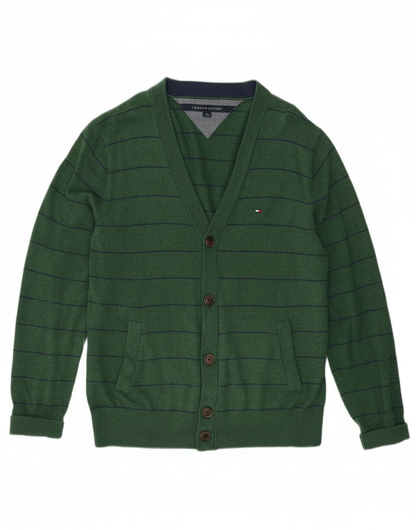 Tommy Hilfiger Mens Cardigan Sweater Medium Green Striped Cotton