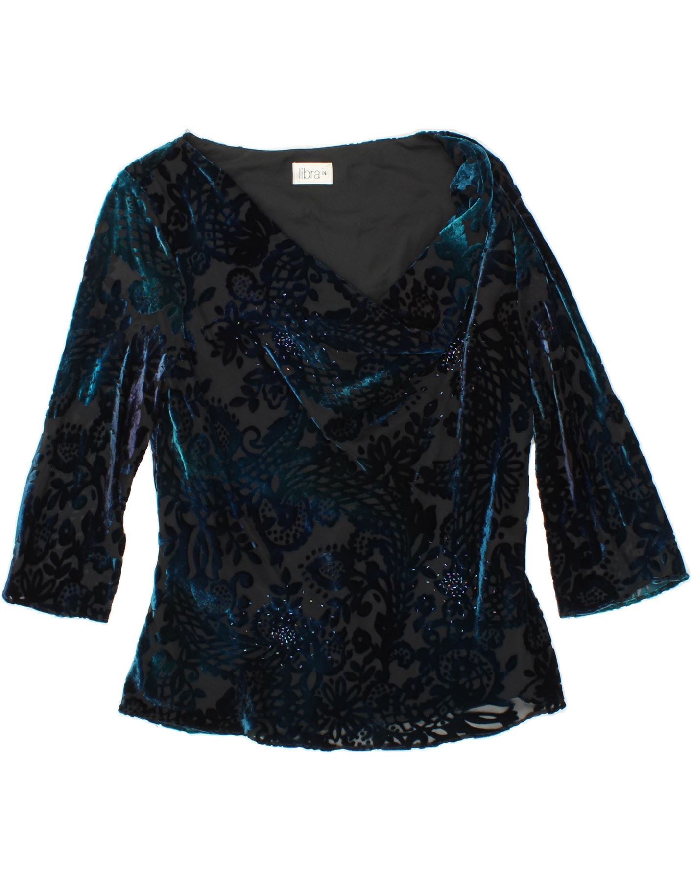 LIBRA Womens Velour 3/4 Sleeve Blouse Top UK 14 Medium Navy Blue