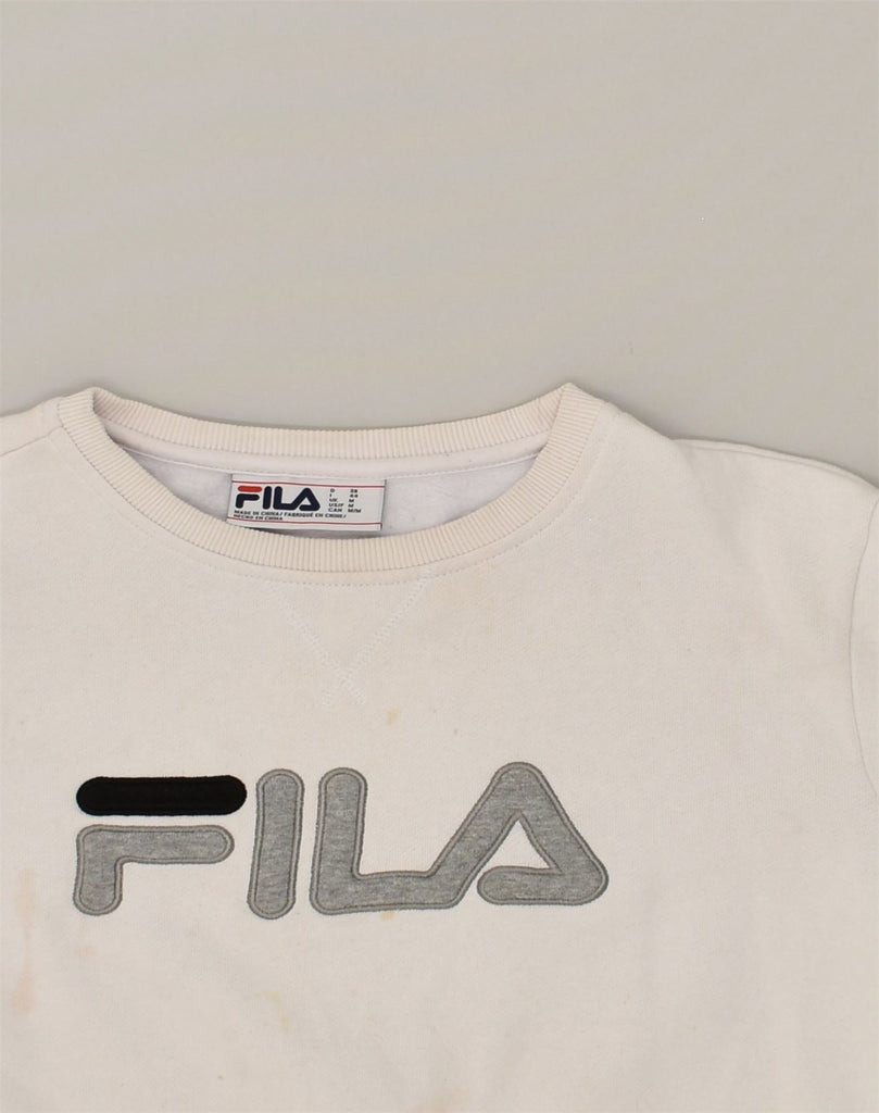 FILA Womens Graphic Sweatshirt Jumper UK 14 Medium White Cotton | Vintage Fila | Thrift | Second-Hand Fila | Used Clothing | Messina Hembry 