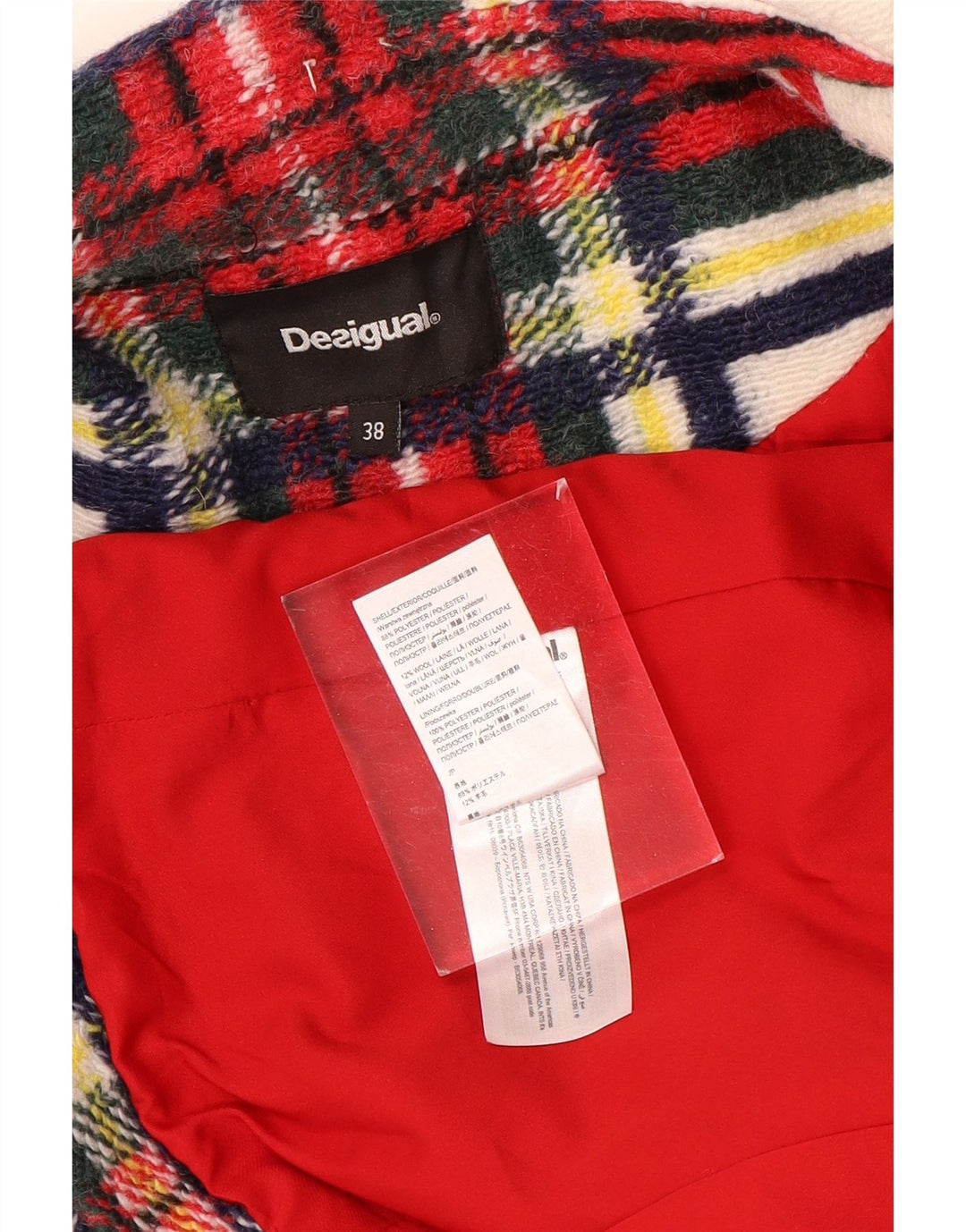 Desigual Womens Double Breasted Coat EU 38 Medium Red Check Polyester