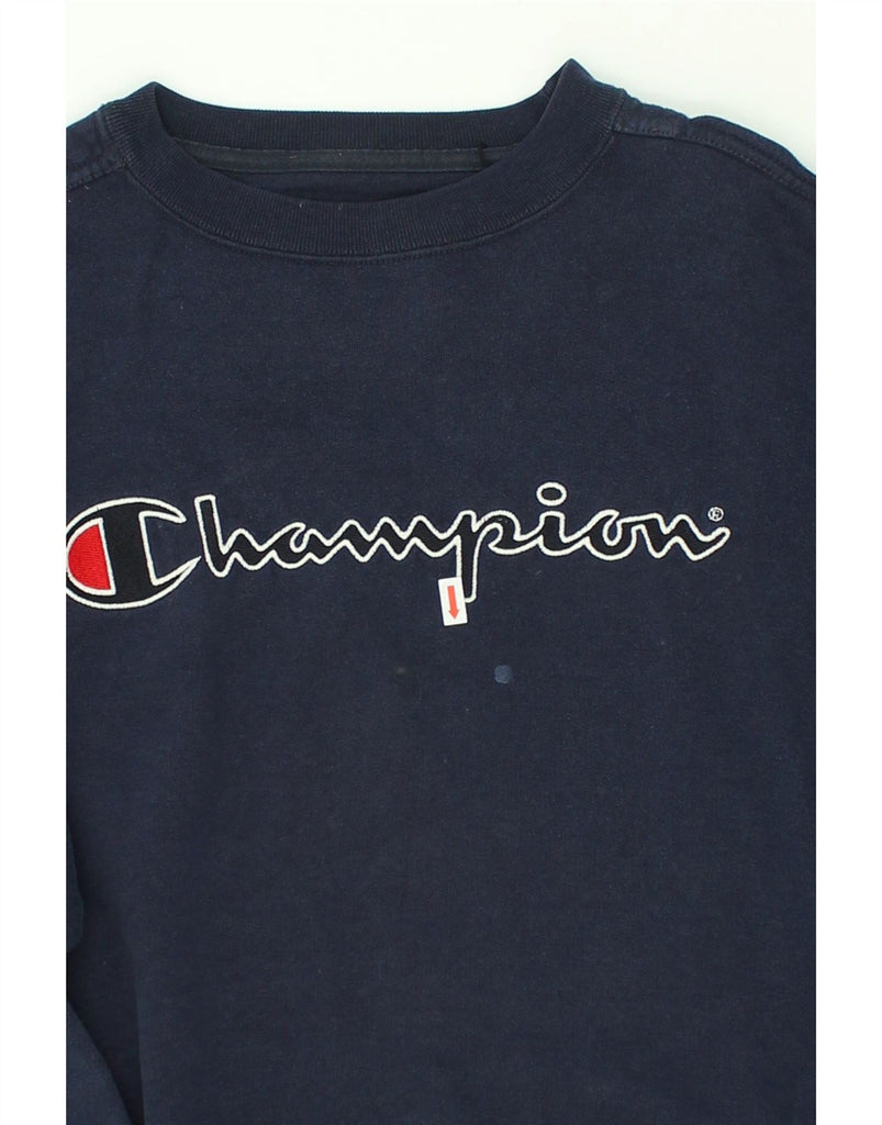 CHAMPION Womens Graphic Sweatshirt Jumper UK 14 Medium Navy Blue Cotton | Vintage Champion | Thrift | Second-Hand Champion | Used Clothing | Messina Hembry 