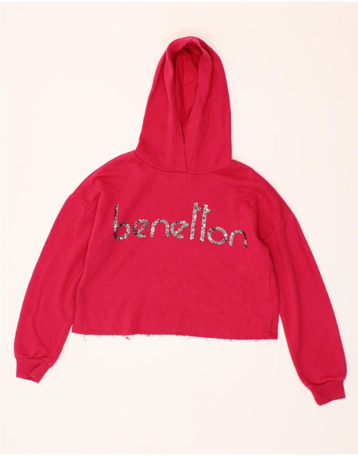 BENETTON Girls Crop Graphic Hoodie Jumper 10-11 Years Pink Vintage Benetton and Second-Hand Benetton from Messina Hembry 