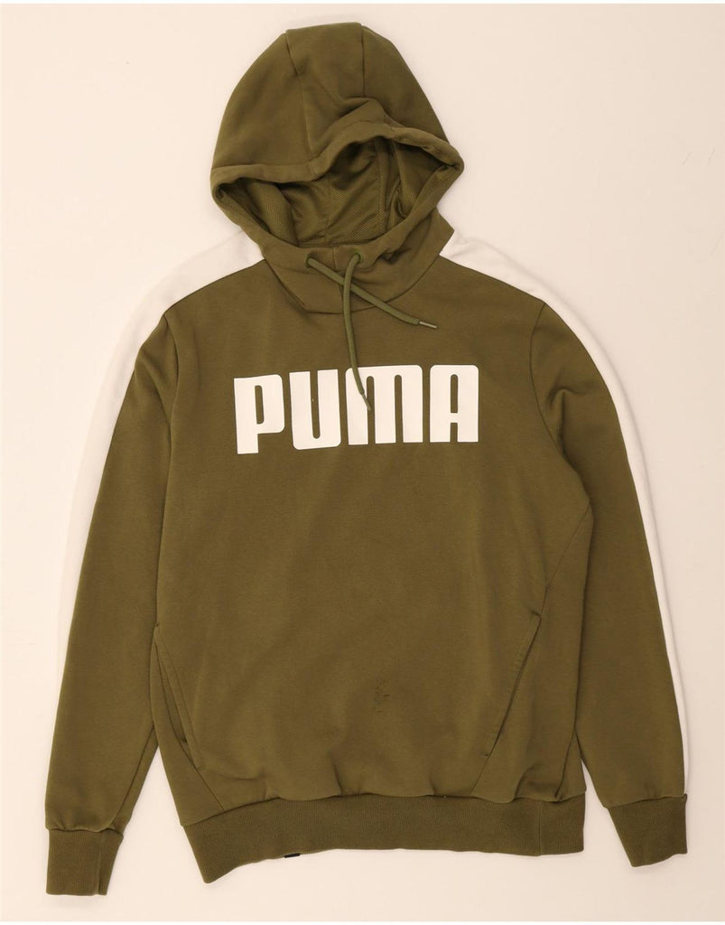 PUMA Mens Graphic Hoodie Jumper Medium Khaki Colourblock Cotton Vintage Puma and Second-Hand Puma from Messina Hembry 