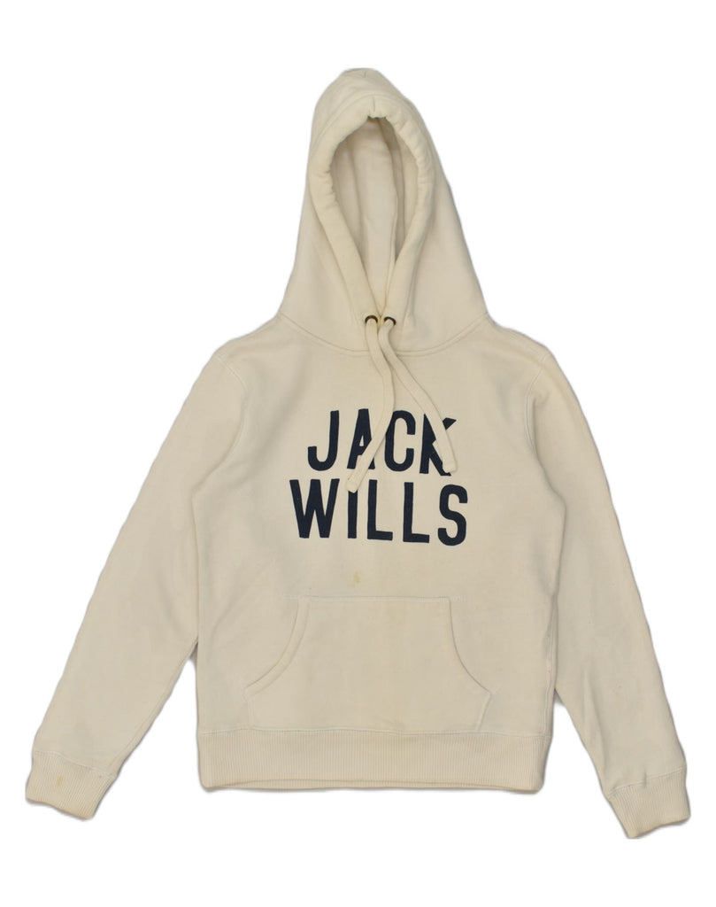 JACK WILLS Womens Graphic Hoodie Jumper UK 8 Small  White Cotton | Vintage Jack Wills | Thrift | Second-Hand Jack Wills | Used Clothing | Messina Hembry 