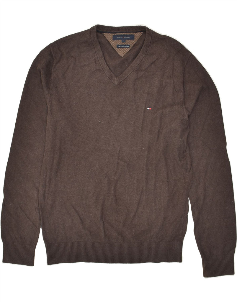 TOMMY HILFIGER Mens V-Neck Jumper Sweater Medium Brown Cotton | Vintage Tommy Hilfiger | Thrift | Second-Hand Tommy Hilfiger | Used Clothing | Messina Hembry 