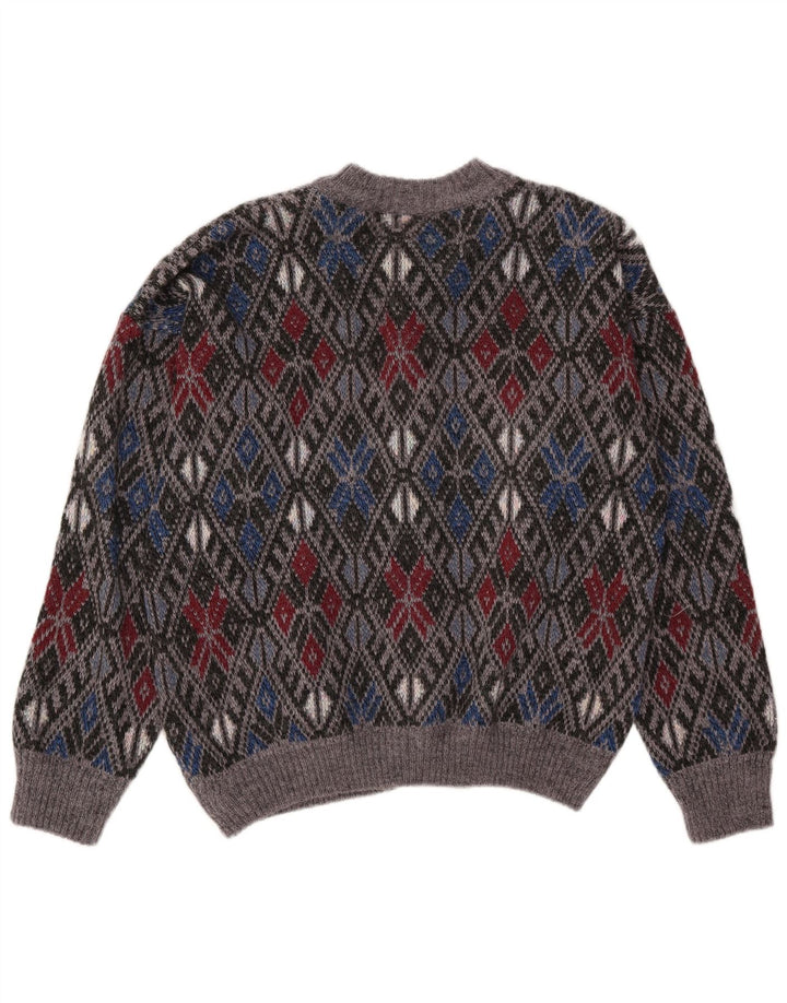 Vintage Mens Cardigan Sweater Medium Grey Argyle/Diamond Acrylic