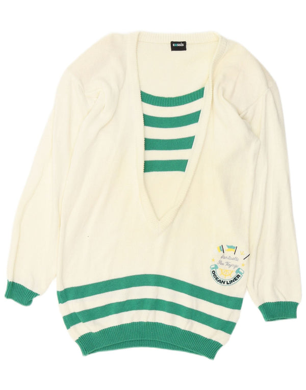 Vintage Womens Graphic Boat Neck Jumper Sweater EU 38 Medium White Striped