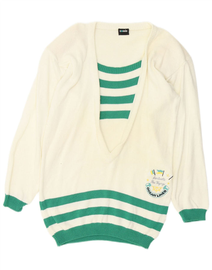 Vintage Womens Graphic Boat Neck Jumper Sweater EU 38 Medium White Striped