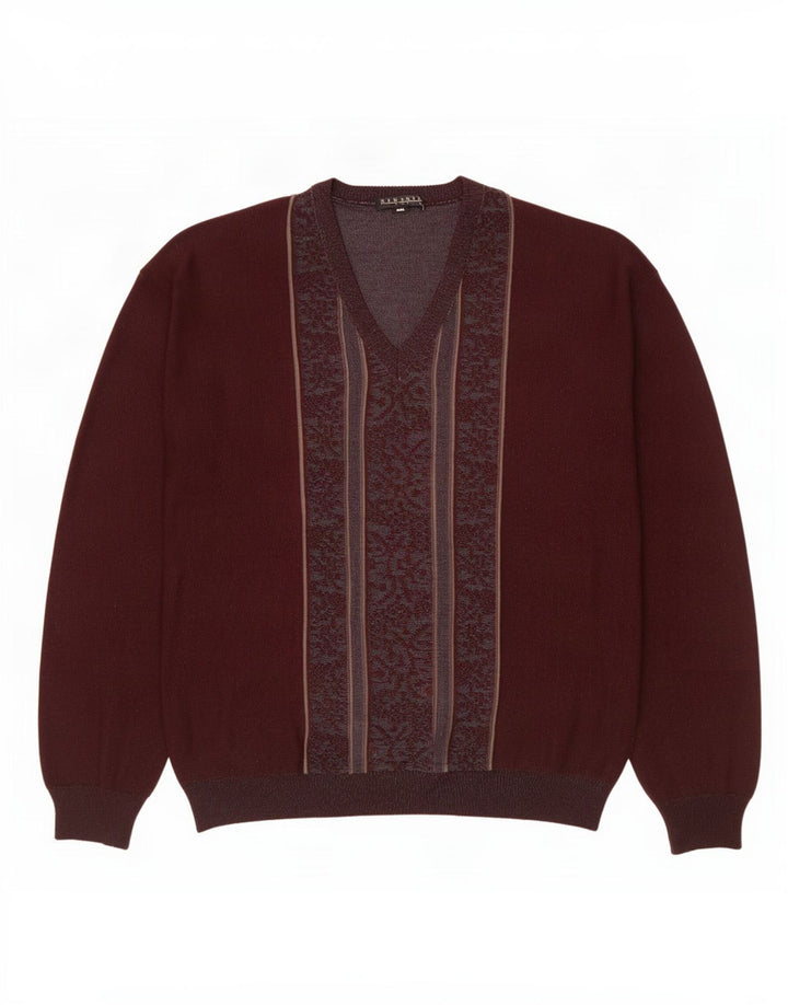 Vintage Mens V-Neck Jumper Sweater Large Maroon Fair Isle Wool