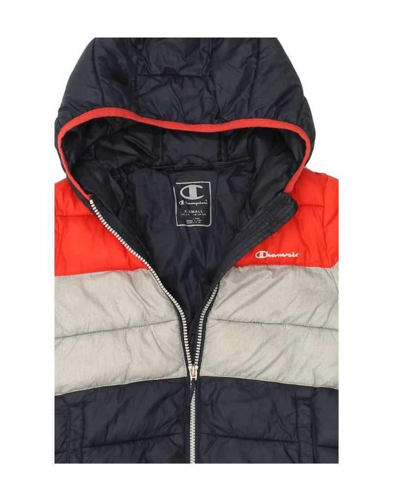 CHAMPION Boys Graphic Hooded Padded Jacket 5-6 Years XS Navy Blue Vintage Champion and Second-Hand Champion from Messina Hembry 