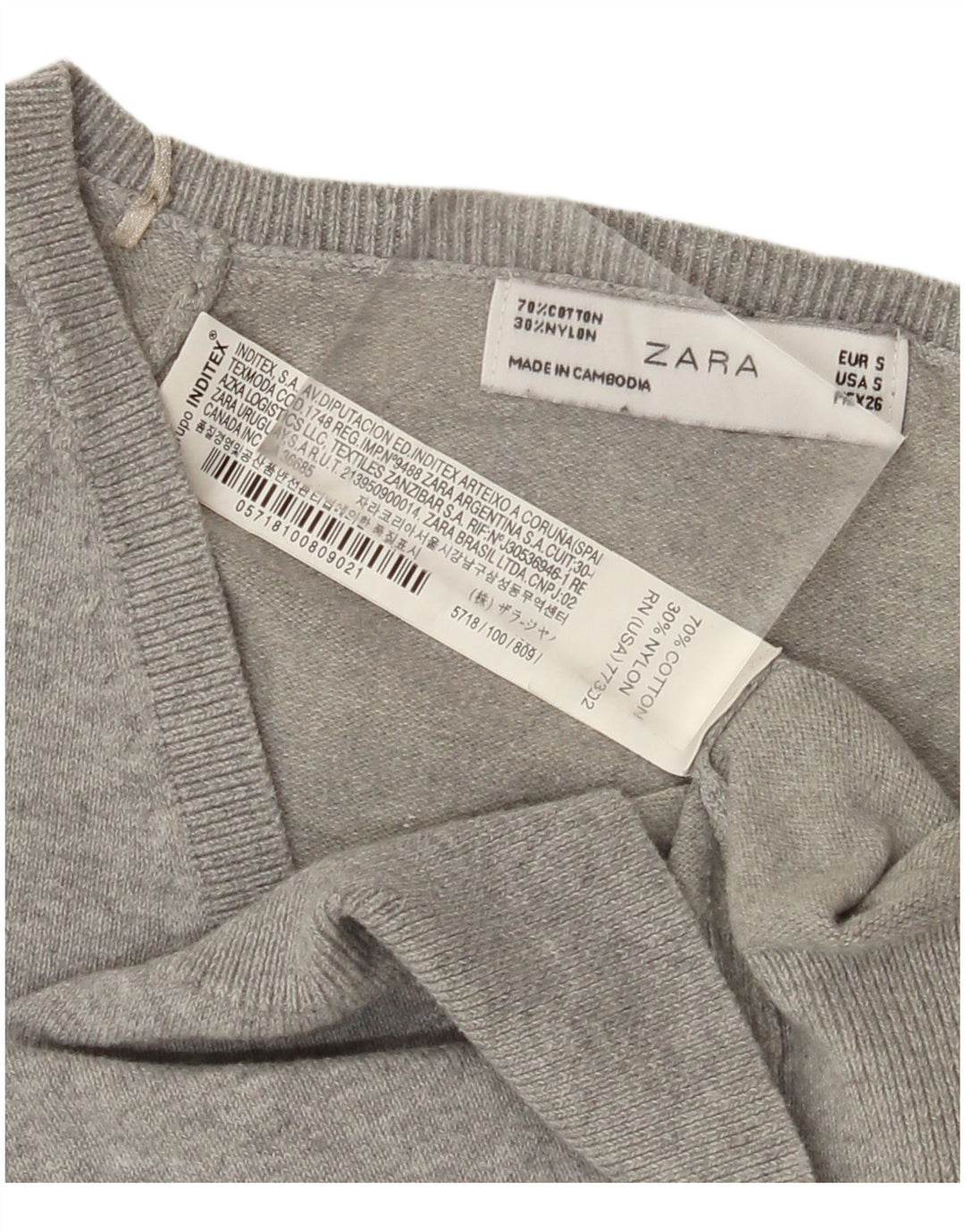 ZARA Womens Crop V-Neck Jumper Sweater UK 10 Small Grey Cotton