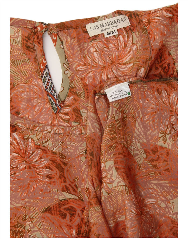 LAS MAREADAS Womens Oversized Blouse Top UK 10 Small Orange Floral Silk