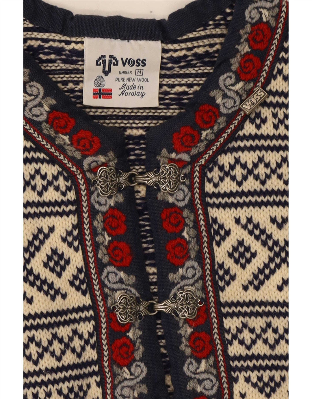 Voss Mens Unisex V-Neck Jumper Sweater Medium Off White Fair Isle Wool