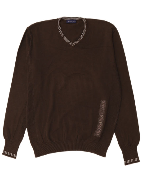 Trussardi Jeans Mens Graphic V-Neck Jumper Sweater XL Brown Cotton