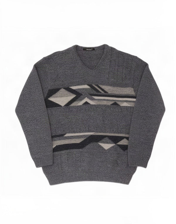 St. Bernard Mens V-Neck Jumper Sweater Large Blue Geometric Acrylic