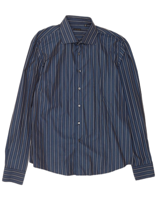 Valentino Mens Inter Fit Shirt Size 17 1/2 44 XL Navy Blue Pinstripe Cotton