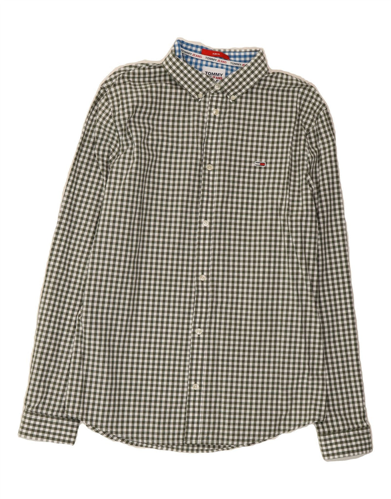 TOMMY HILFIGER Mens Slim Fit Shirt Large Green Gingham Cotton Vintage Tommy Hilfiger and Second-Hand Tommy Hilfiger from Messina Hembry 