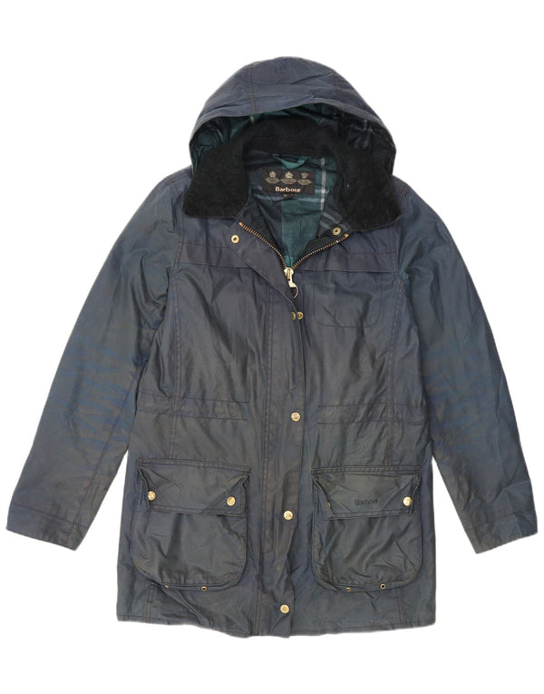 Barbour Womens Hooded Oversized Waxed Cotton Jacket UK 10 Small Navy Blue