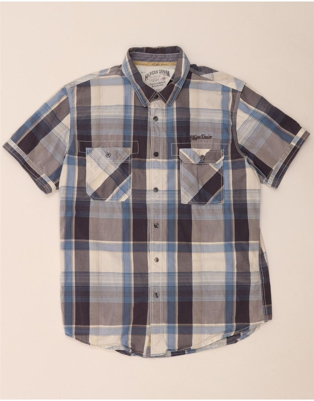 Tommy Hilfiger Mens Short Sleeve Shirt Large Blue Check Cotton