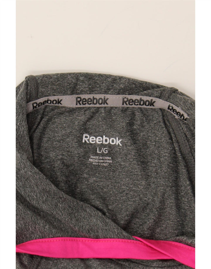 REEBOK Womens Graphic Hoodie Jumper UK 16 Large Grey Polyester Vintage Reebok and Second-Hand Reebok from Messina Hembry 