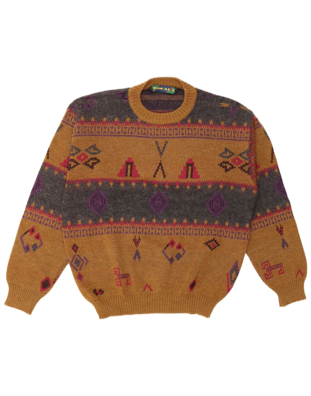 FRANK ALEXS Mens Crew Neck Jumper Sweater IT 48 Medium Brown Geometric