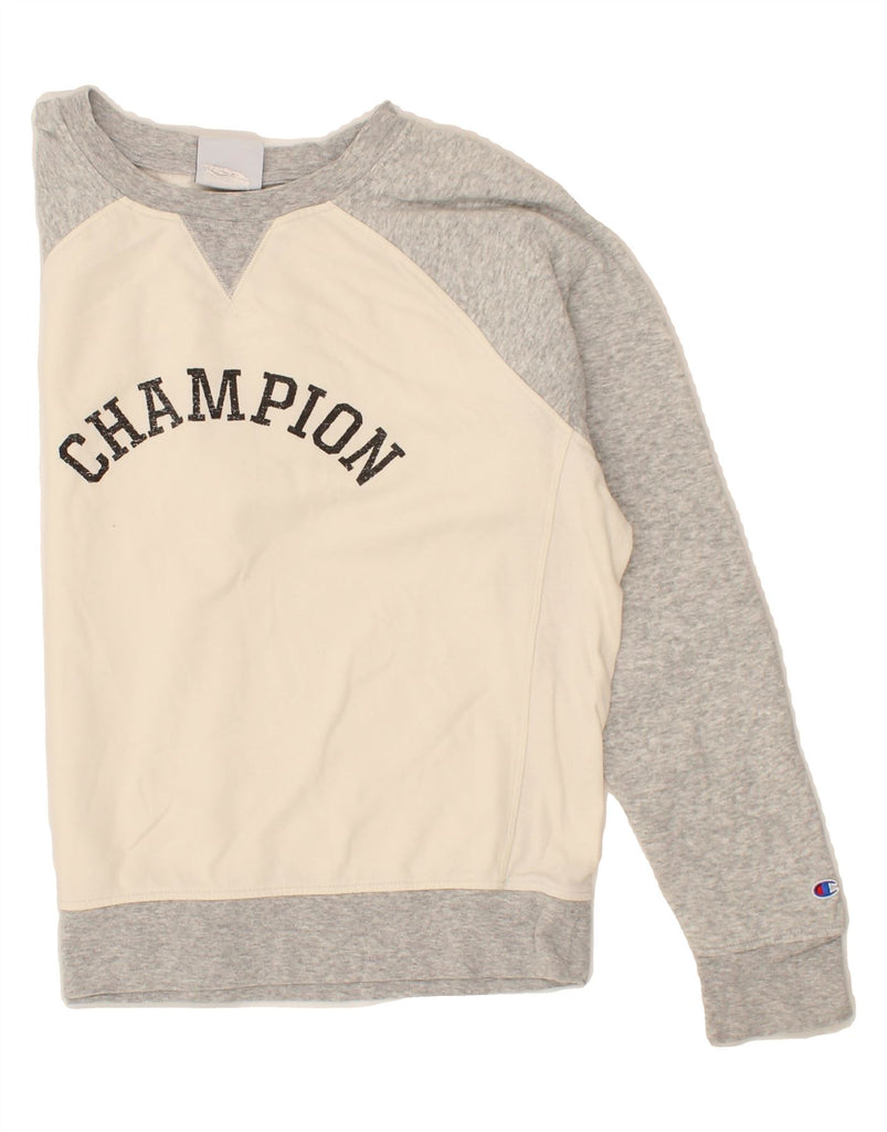 CHAMPION Mens Graphic Sweatshirt Jumper Medium Grey Colourblock Polyester Vintage Champion and Second-Hand Champion from Messina Hembry 