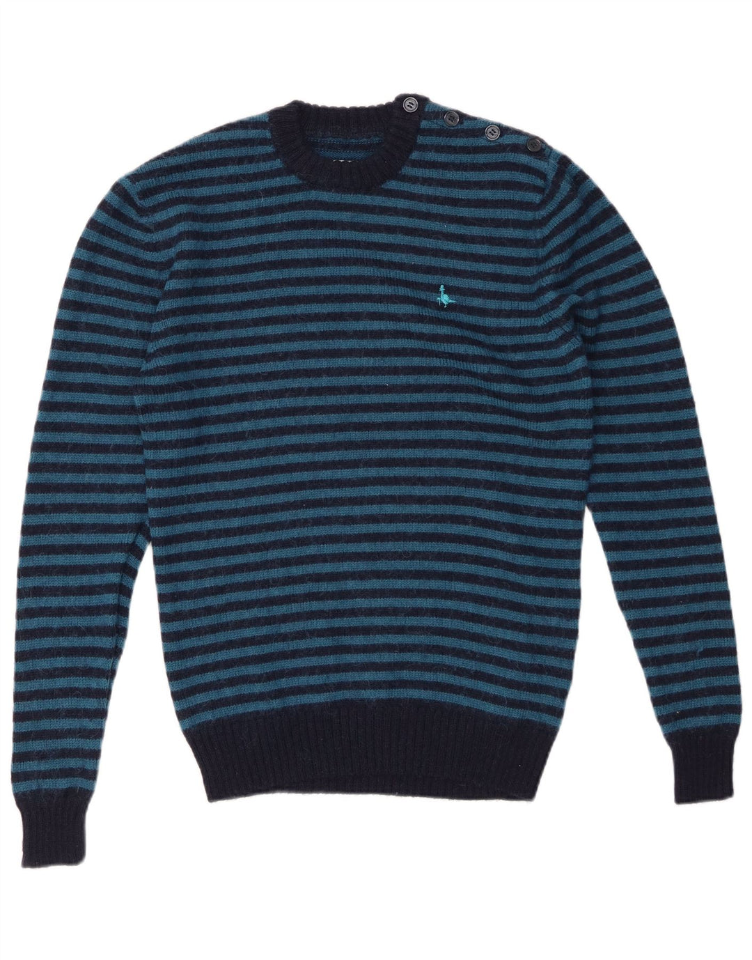 JACK WILLS Mens Crew Neck Jumper Sweater Small Navy Blue Striped Wool