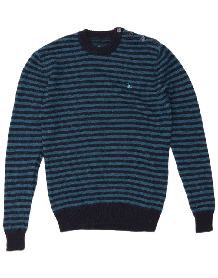 JACK WILLS Mens Crew Neck Jumper Sweater Small Navy Blue Striped Wool
