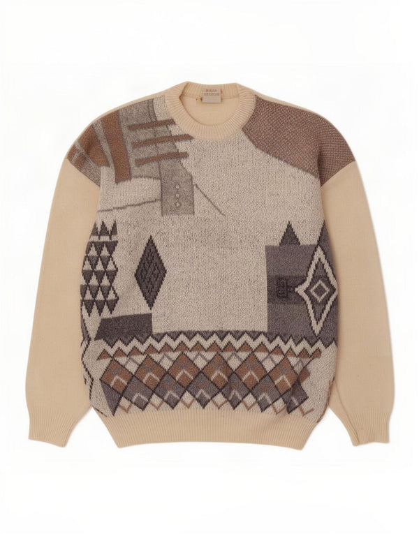 Vintage Mens Crew Neck Jumper Sweater Medium Off White Geometric Wool