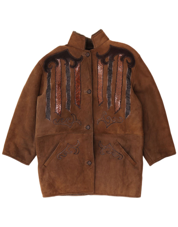 Vintage Womens Trachten Shearling Coat EU 44 XL Brown Animal Print