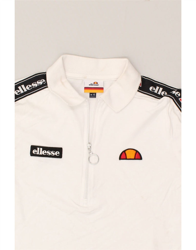 ELLESSE Womens Crop Graphic Top Long Sleeve UK 6 XS  White Cotton | Vintage Ellesse | Thrift | Second-Hand Ellesse | Used Clothing | Messina Hembry 