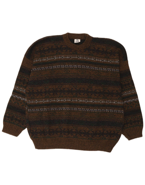 Vintage Mens Crew Neck Jumper Sweater Large Brown Fair Isle