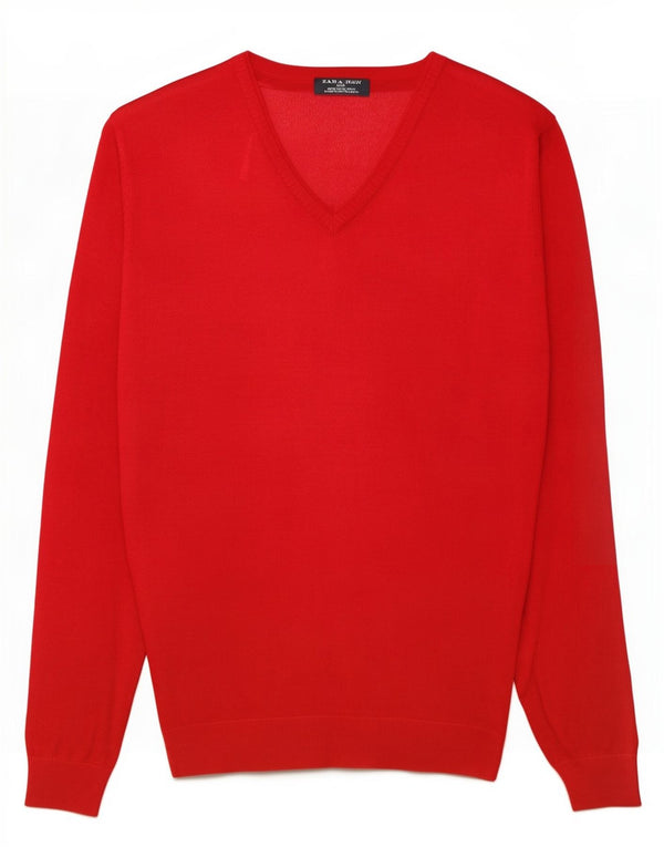 Zara Mens V-Neck Jumper Sweater XL Red Viscose