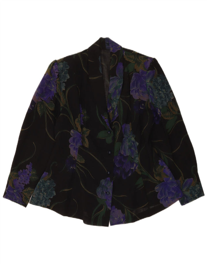 Vintage Womens 4 Button Blazer Jacket UK 12 Medium Black Floral