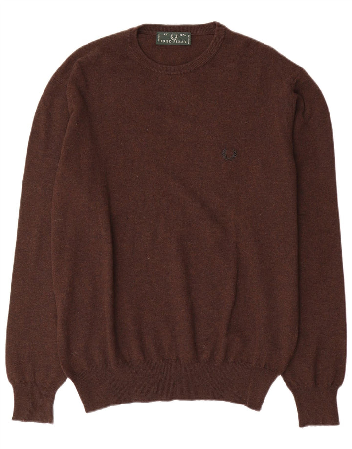Fred Perry Mens Crew Neck Jumper Sweater Medium Brown Wool