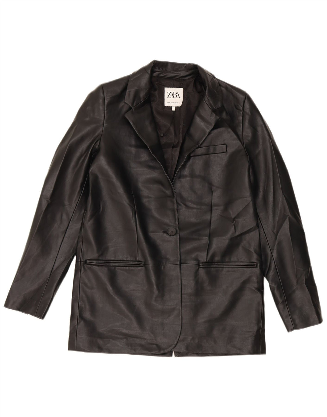 Zara Womens 1 Button Faux Leather Blazer Jacket UK 6 XS Black Polyurethane