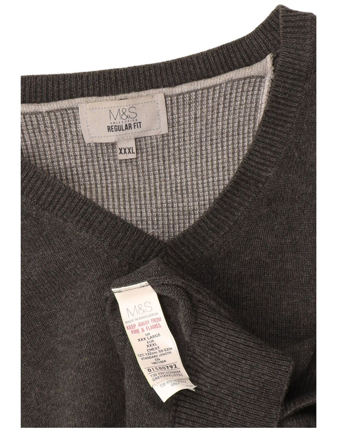 Marks & Spencer Mens Regular Fit V-Neck Jumper Sweater 3XL Grey Cotton