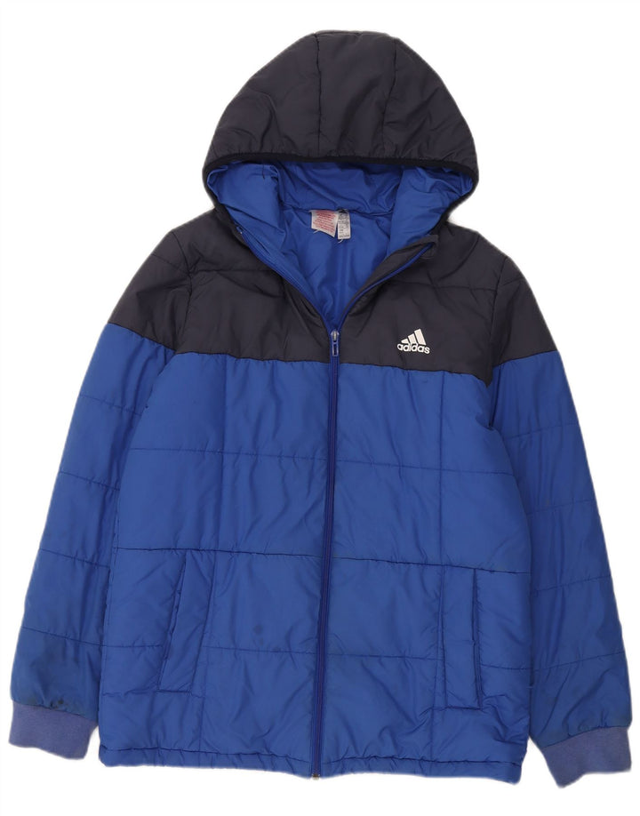 Adidas Boys Hooded Padded Jacket 15-16 Years Blue Colourblock Polyester