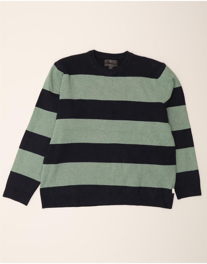 Marks & Spencer Mens Crew Neck Jumper Sweater XL Navy Blue Striped