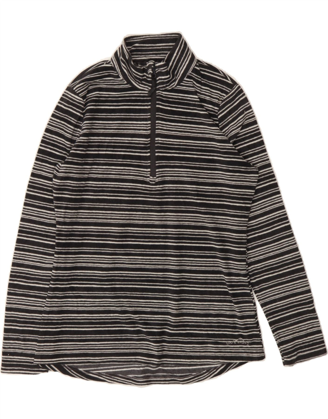 EDDIE BAUER Womens Zip Neck Fleece Jumper UK 14 Medium Black Striped Vintage Eddie Bauer and Second-Hand Eddie Bauer from Messina Hembry 