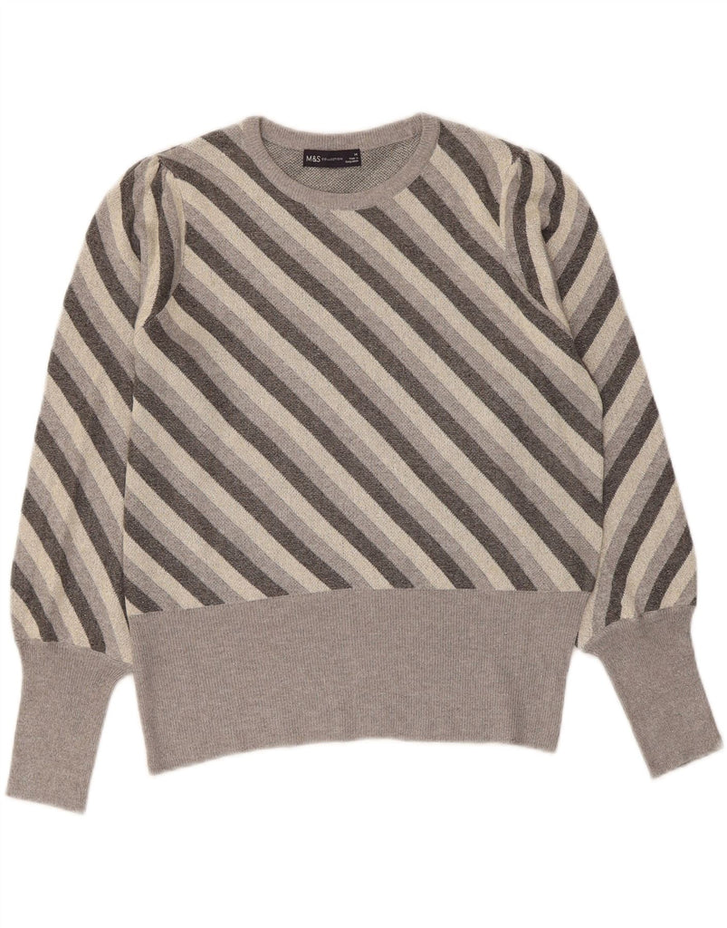 MARKS & SPENCER Womens Crew Neck Jumper Sweater UK 14 Large  Grey Striped Vintage Marks & Spencer and Second-Hand Marks & Spencer from Messina Hembry 