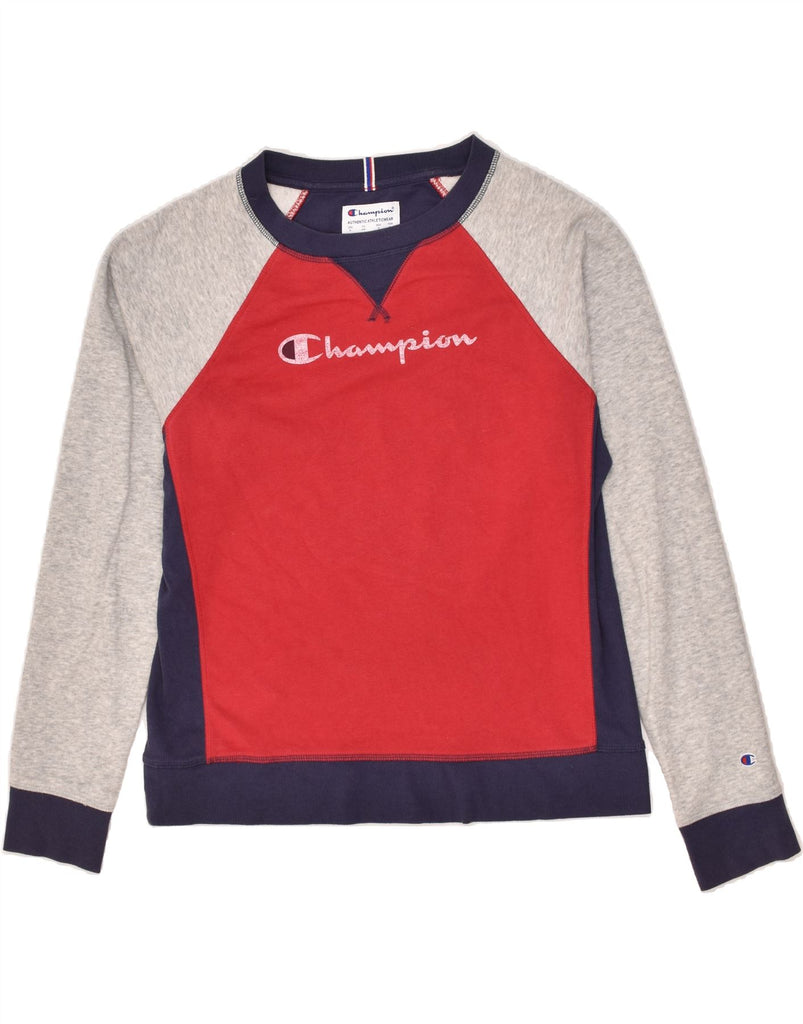 CHAMPION Womens Graphic Sweatshirt Jumper UK 14 Medium Red Colourblock | Vintage Champion | Thrift | Second-Hand Champion | Used Clothing | Messina Hembry 